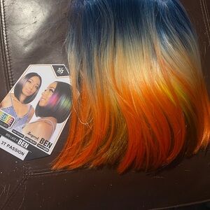 Vibrant Ombre Wig with Blue, Orange, and Yellow Hues